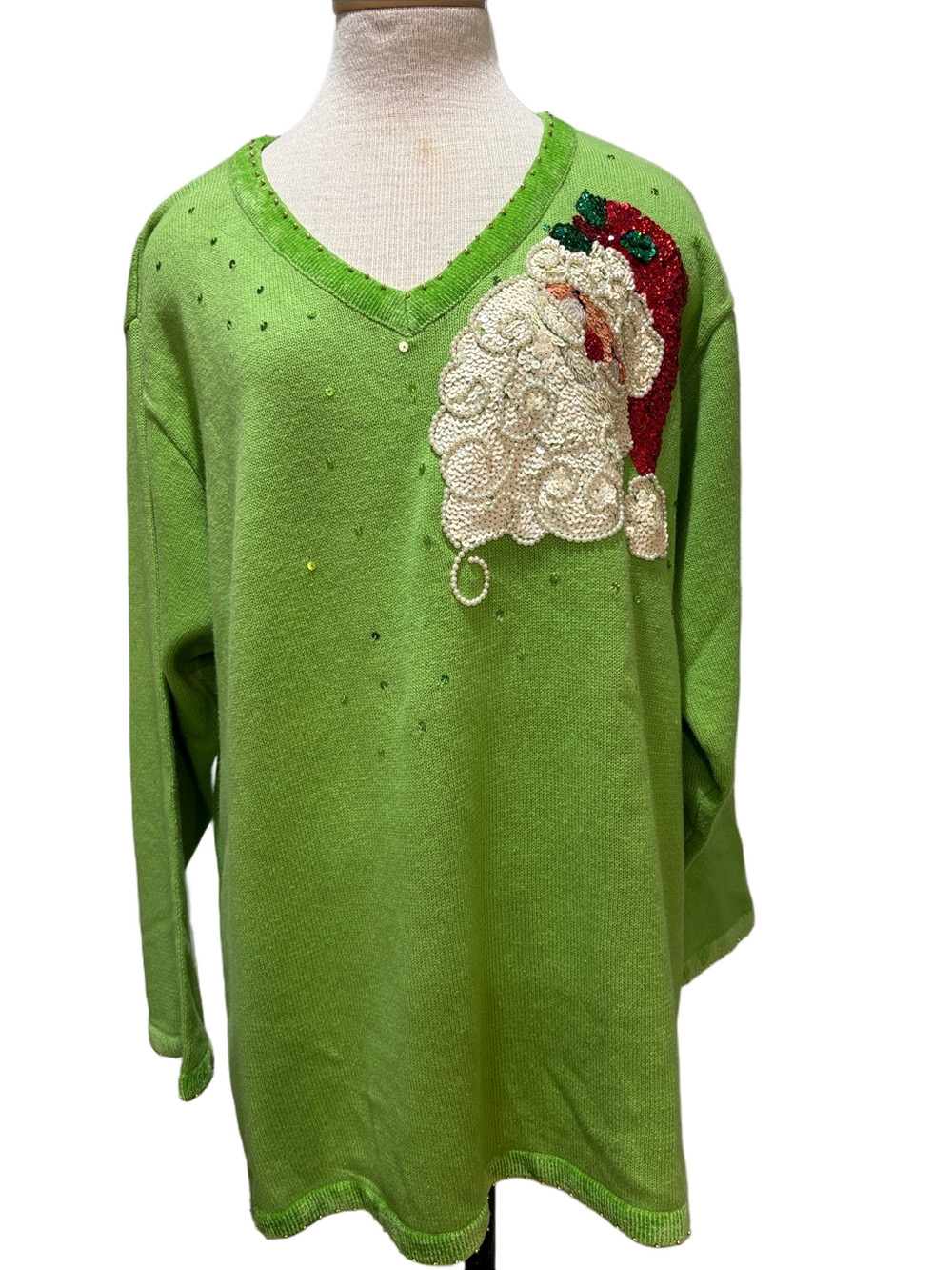 Quacker Factory Lime Green V-Neck Santa Appliqué Sweater Sz 3X